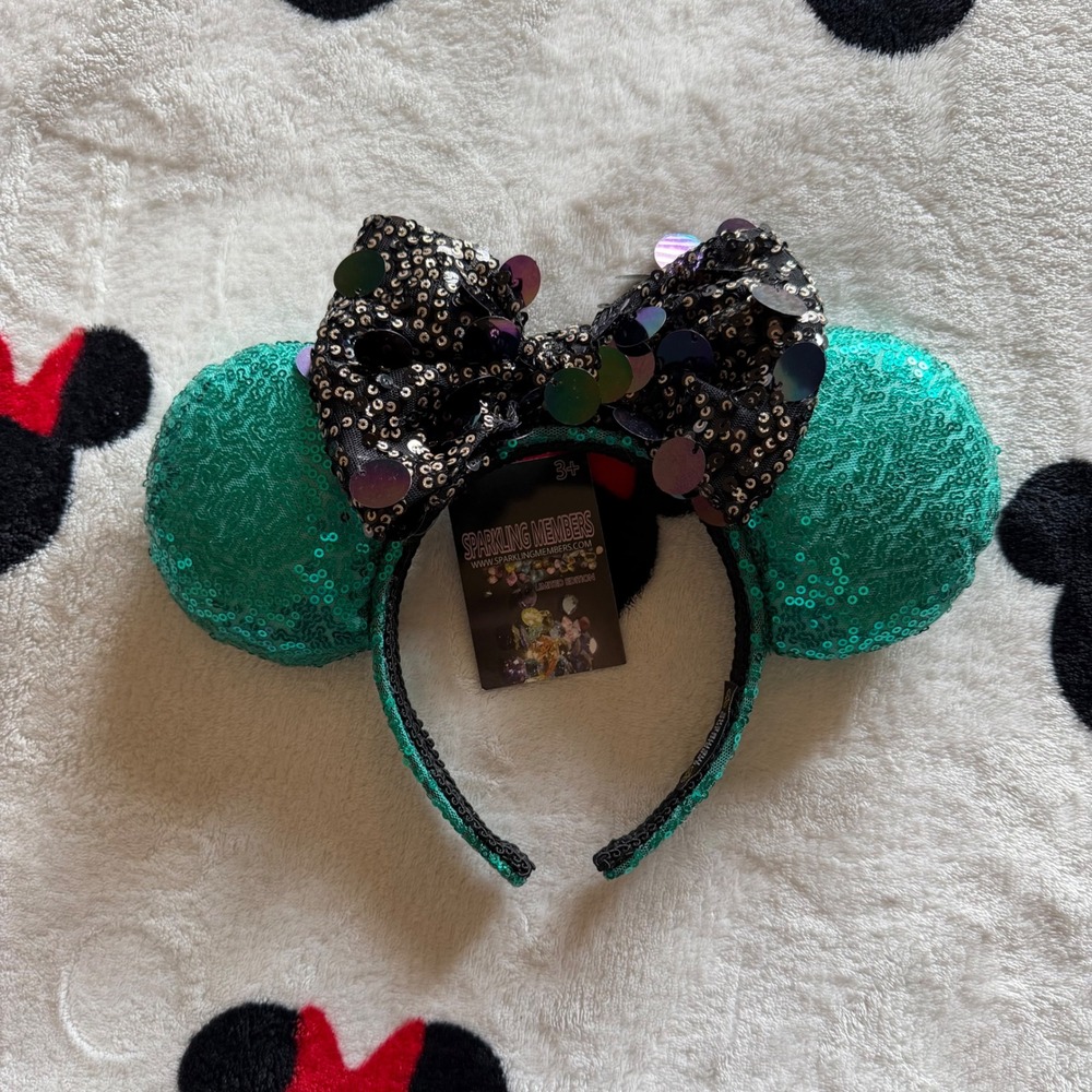 Sparkling Members Teal Sequin Mouse Ears Headband Black Sequin Bow - AC1671